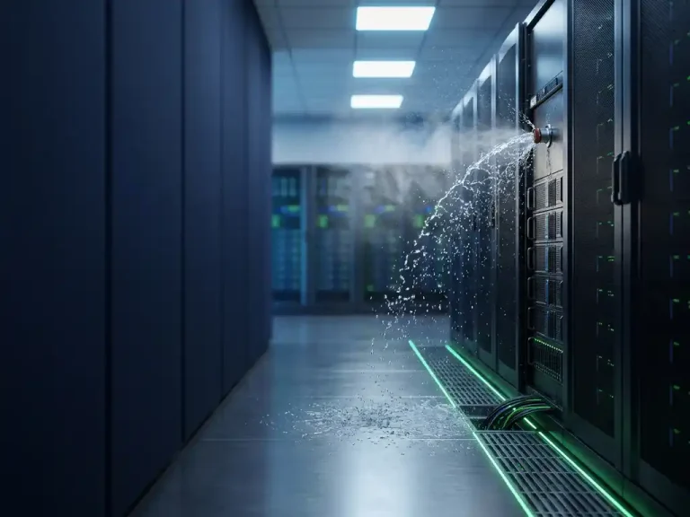 Water pipe bursting from a server rack in a modern data centre corridor, droplets cascading amid steel-blue tones and green accent lighting.