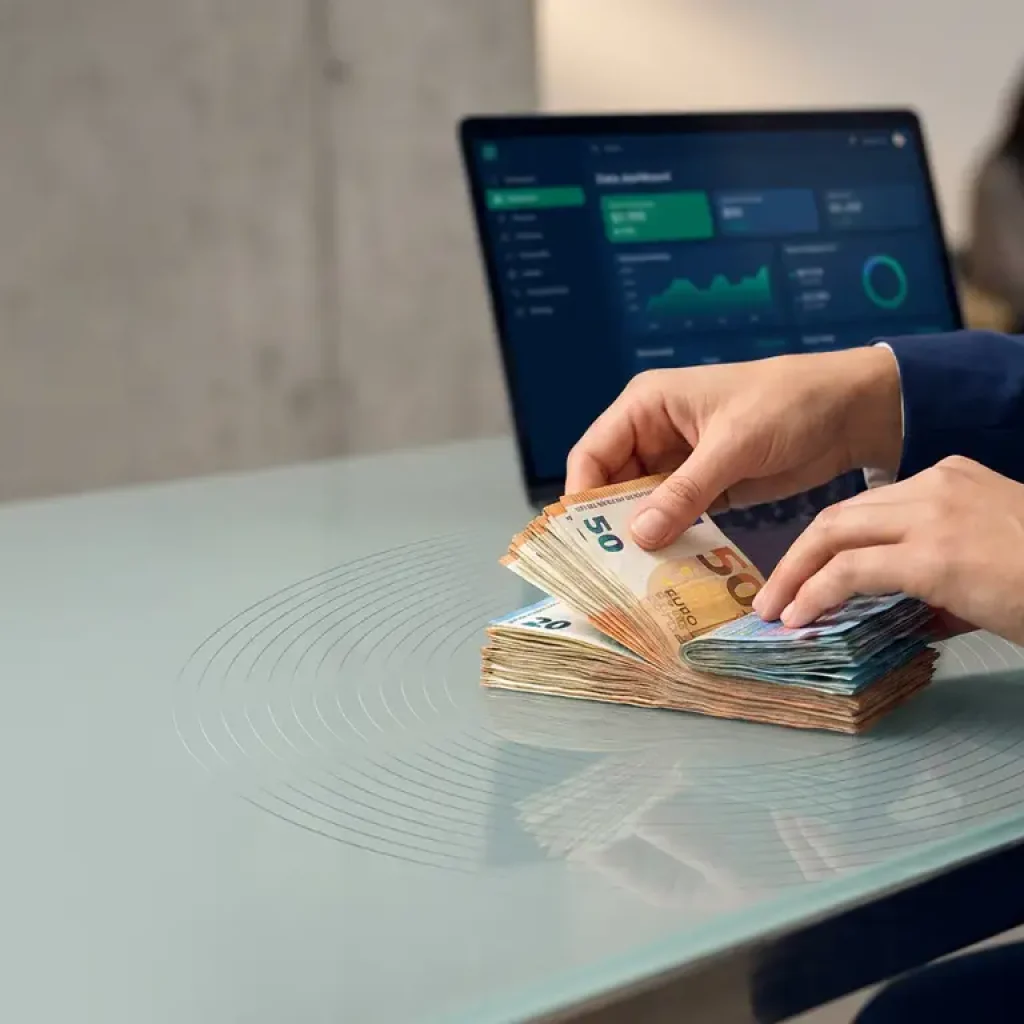 Hands splitting a stack of euro banknotes into two equal portions on a glass desk, with a glowing laptop dashboard in the background.