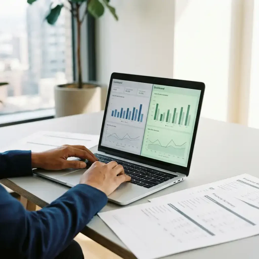 Een financieel medewerker die op een laptop rapporten over cloudkosten vergelijkt met afgedrukte financiële overzichten op een grijs bureau in een modern kantoor.