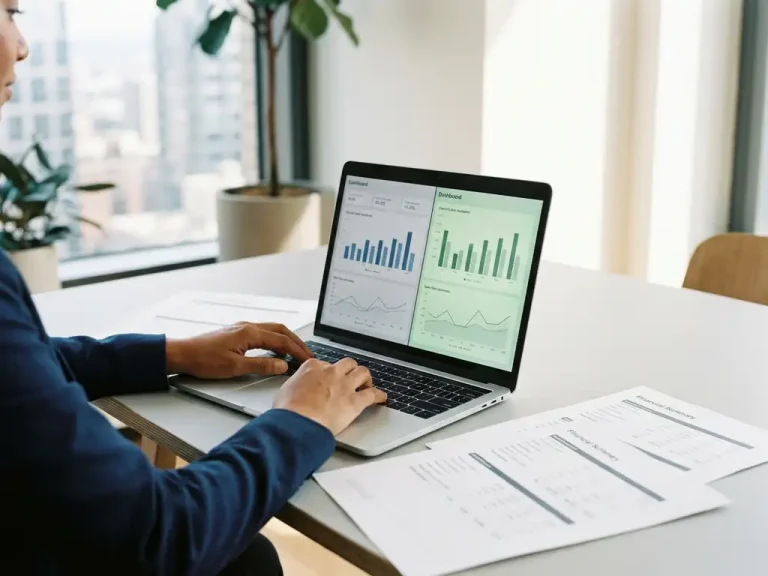 Finance professional comparing cloud cost reports on a laptop, with printed financial summaries on a grey desk in a modern office.