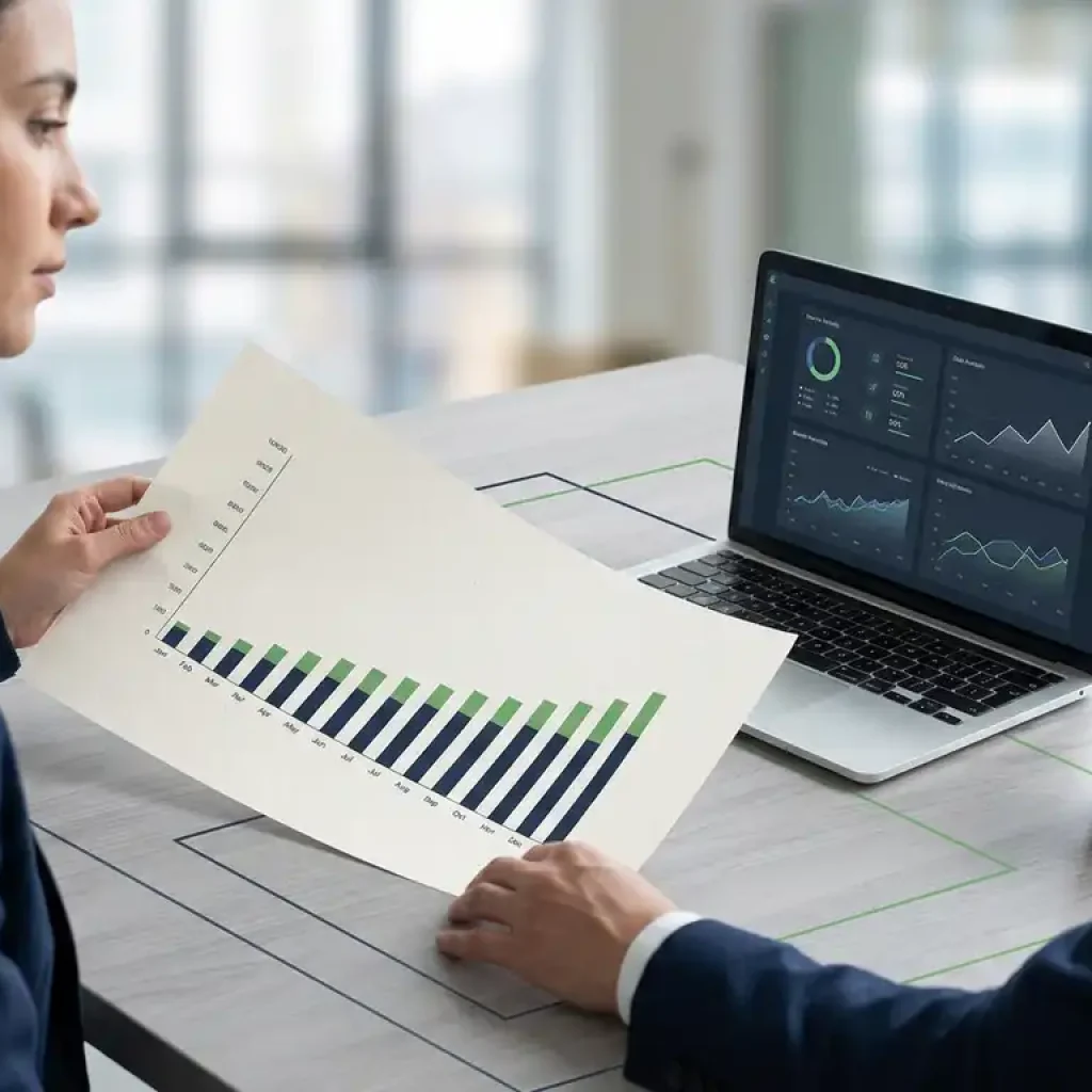 Een financieel analist die een staafdiagram met een stijgende trend bekijkt naast een laptop waarop datavisualisaties worden weergegeven, op een minimalistisch kantoorblad.