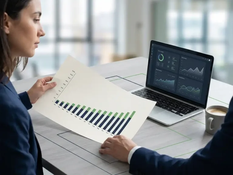 Een financieel analist die een staafdiagram met een stijgende trend bekijkt naast een laptop waarop datavisualisaties worden weergegeven, op een minimalistisch kantoorblad.