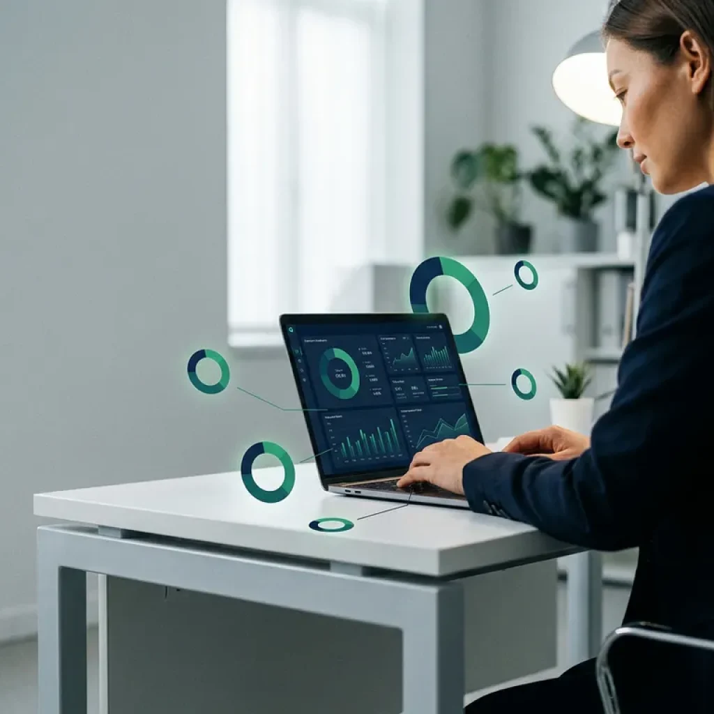 Ein Geschäftsmann, der an einem modernen Schreibtisch Finanz-Dashboards auf einem Laptop überprüft, wobei die Datenvisualisierungen in Marineblau und Smaragdgrün dargestellt sind.