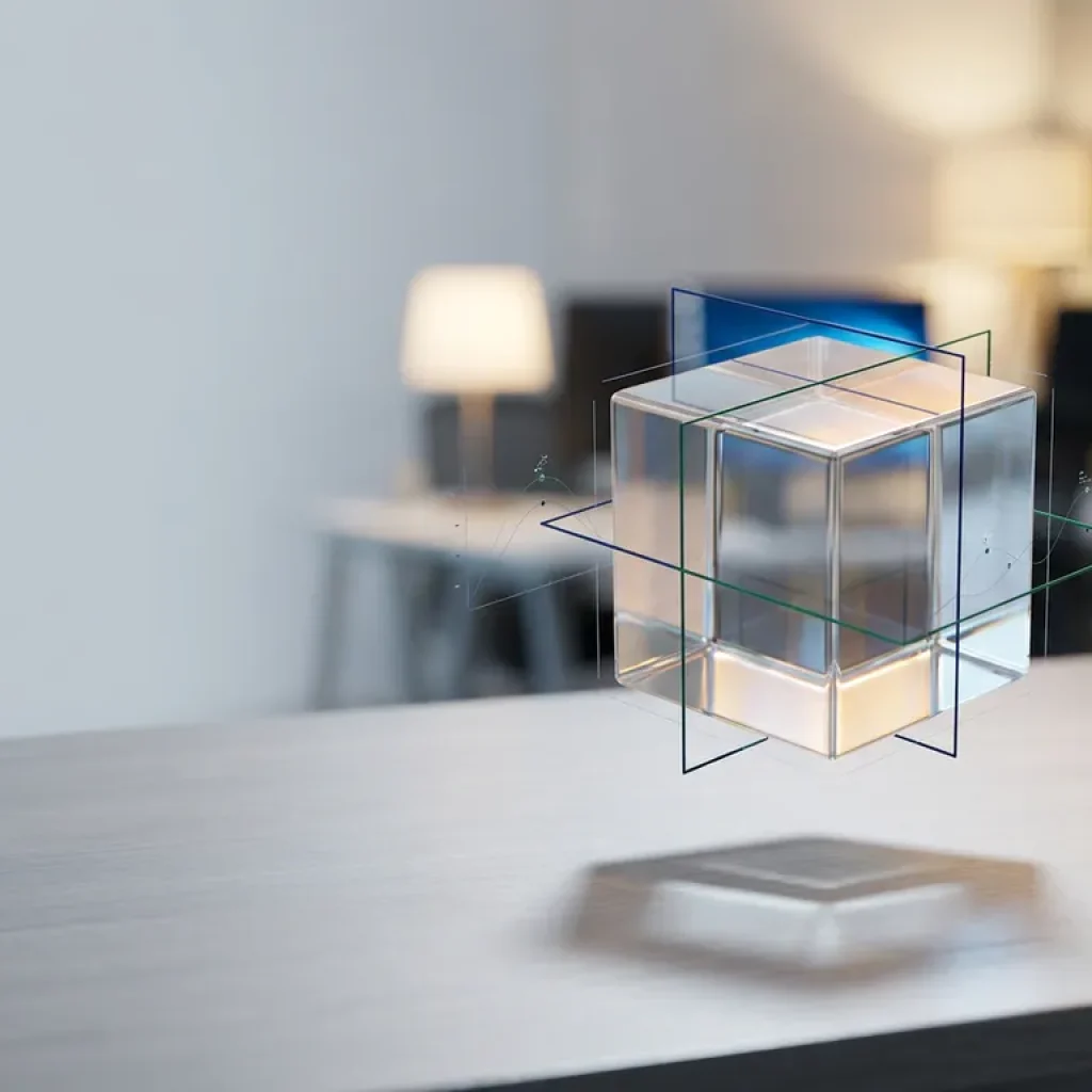 Ein transparenter Glaswürfel schwebt über einem modernen Schreibtisch mit geometrischen Maßlinien und Kostenaufschlüsselungsbögen in Marineblau und Smaragdgrün.