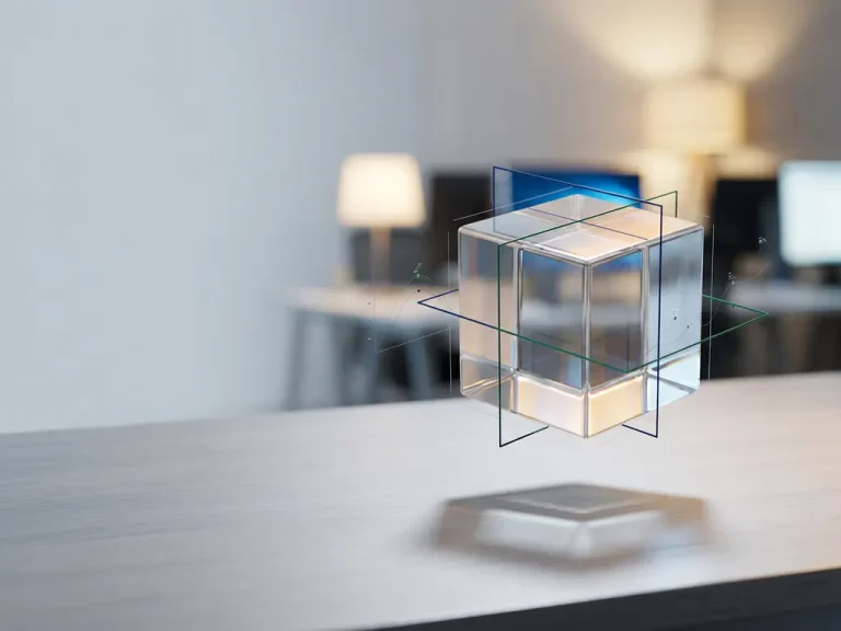 Ein transparenter Glaswürfel schwebt über einem modernen Schreibtisch mit geometrischen Maßlinien und Kostenaufschlüsselungsbögen in Marineblau und Smaragdgrün.