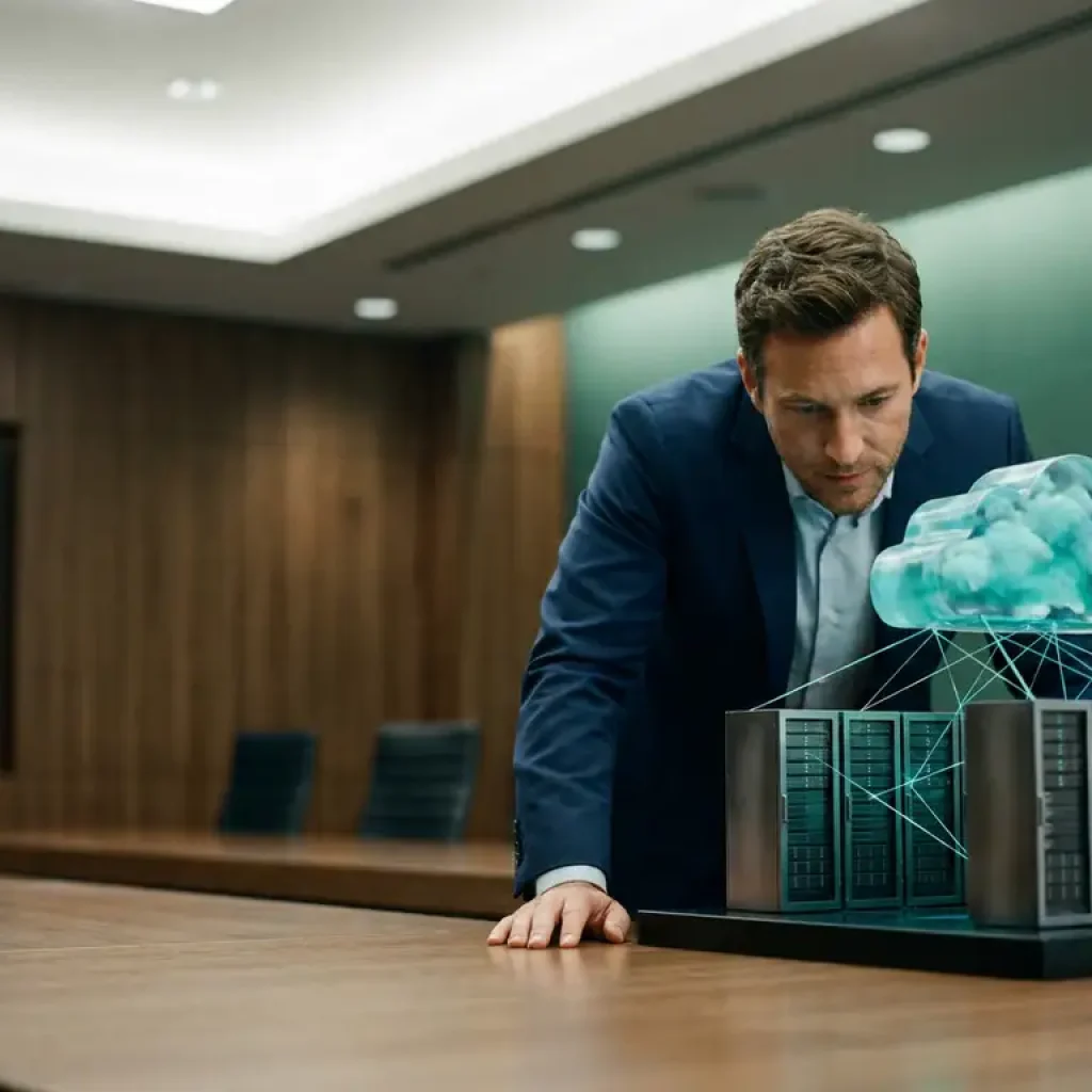 Ein Geschäftsmann betrachtet auf einem Konferenztisch ein maßstabsgetreues Modell einer hybriden IT-Infrastruktur mit Server-Racks und einer durchscheinenden Cloud-Struktur.