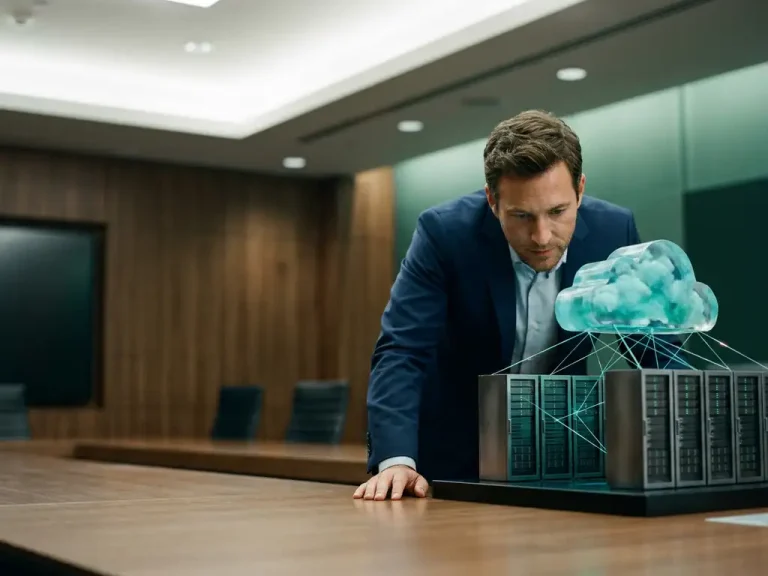 Ein Geschäftsmann betrachtet auf einem Konferenztisch ein maßstabsgetreues Modell einer hybriden IT-Infrastruktur mit Server-Racks und einer durchscheinenden Cloud-Struktur.