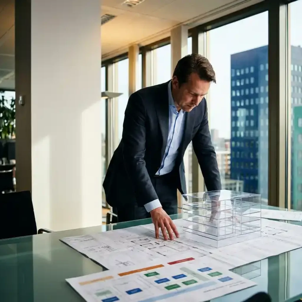 Ein Geschäftsmann, der an einem gläsernen Schreibtisch in einem modernen Büro in Utrecht ein mehrschichtiges Framework-Diagramm und Datenflussdiagramme prüft.
