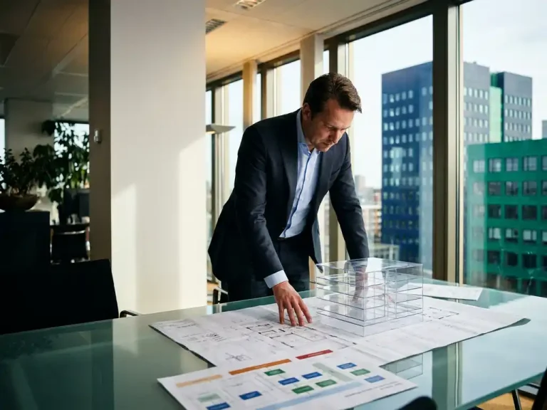 Business professional reviewing a layered framework diagram and data flow charts on a glass desk in a modern Utrecht office.