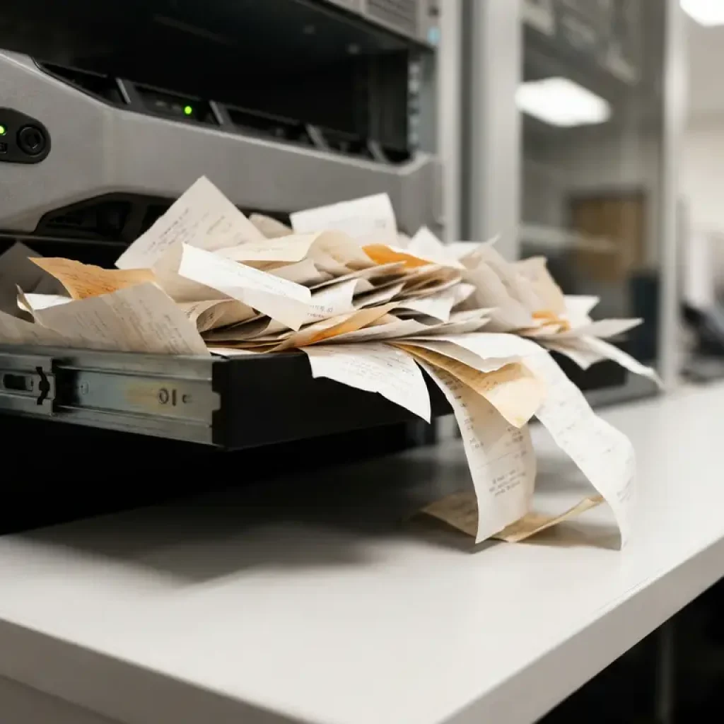 Crumpled receipts and invoices overflowing from a server rack drawer onto a white desk, with a green LED indicating active cloud infrastructure.