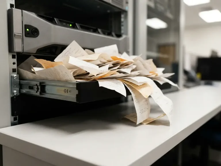 Crumpled receipts and invoices overflowing from a server rack drawer onto a white desk, with a green LED indicating active cloud infrastructure.