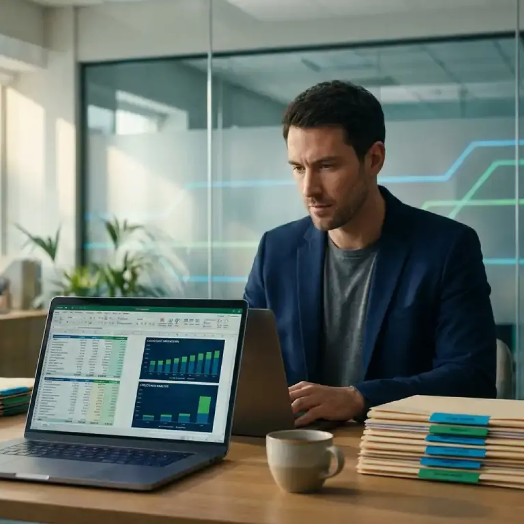 Ein Beschaffungsfachmann prüft die Aufschlüsselung der Cloud-Kosten auf seinem Laptop, neben ihm liegen gestapelte Vertragsordner und eine Tasse Kaffee in einem modernen, von Glaswänden umgebenen Büro.