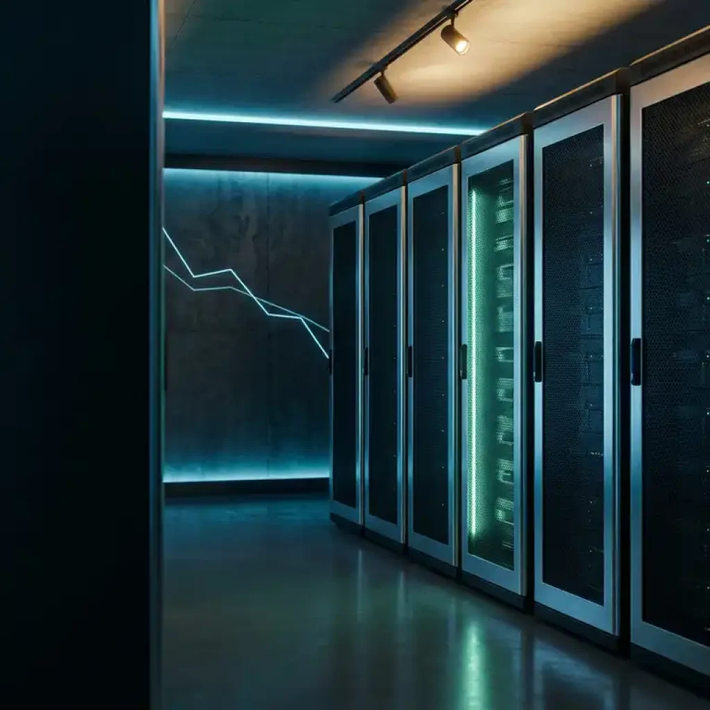 Server rack units in a modern data center with one highlighted in green, suggesting a reserved instance, cool blue-teal ambient lighting.