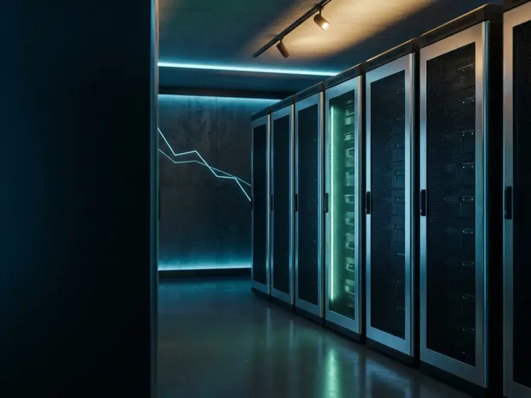 Server-Rack-Einheiten in einem modernen Rechenzentrum, von denen eine grün hervorgehoben ist – was auf eine reservierte Instanz hindeutet –, mit kühler, blau-türkisfarbener Umgebungsbeleuchtung.