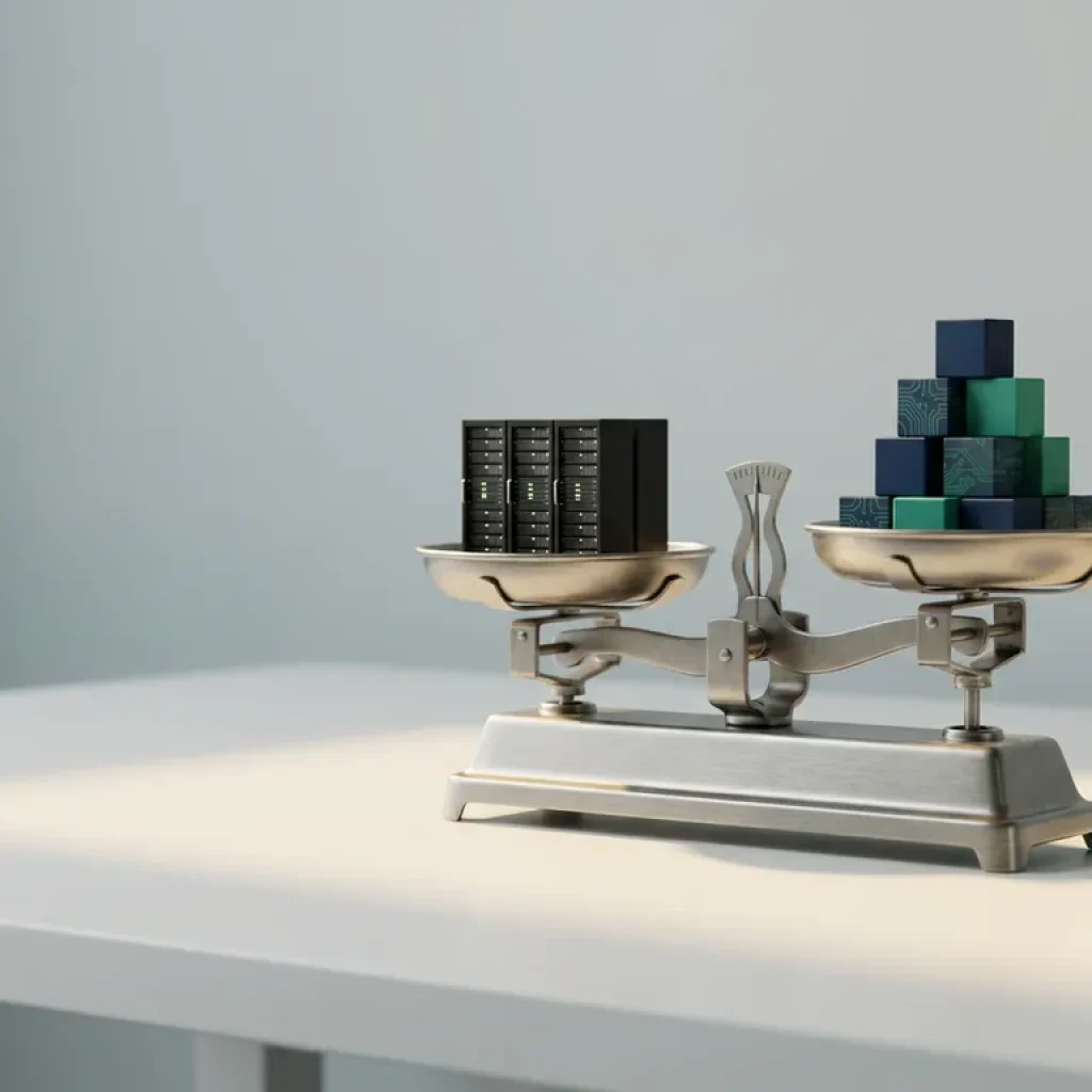 Een weegschaal van geborsteld staal waarmee een miniatuurstapel servers wordt gewogen, afgezet tegen geometrische gewichtsblokken in donkerblauw en groen op een wit bureau.
