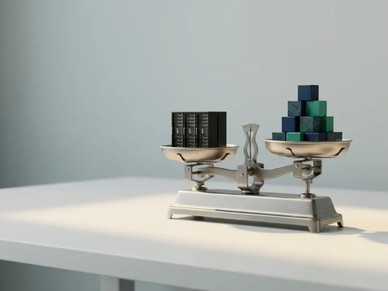 Brushed steel balance scale weighing a miniature server stack against geometric cost blocks in dark blue and green on a white desk.