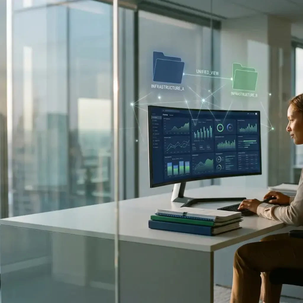 Een financieel analist die documenten over de serverinfrastructuur samenbrengt in een uniform dashboard op een monitor in een kantoor met glazen wanden.