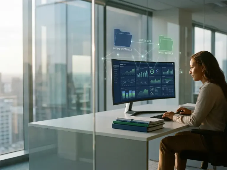 Financial analyst consolidating server infrastructure documents into a unified dashboard on a monitor in a glass-walled office.