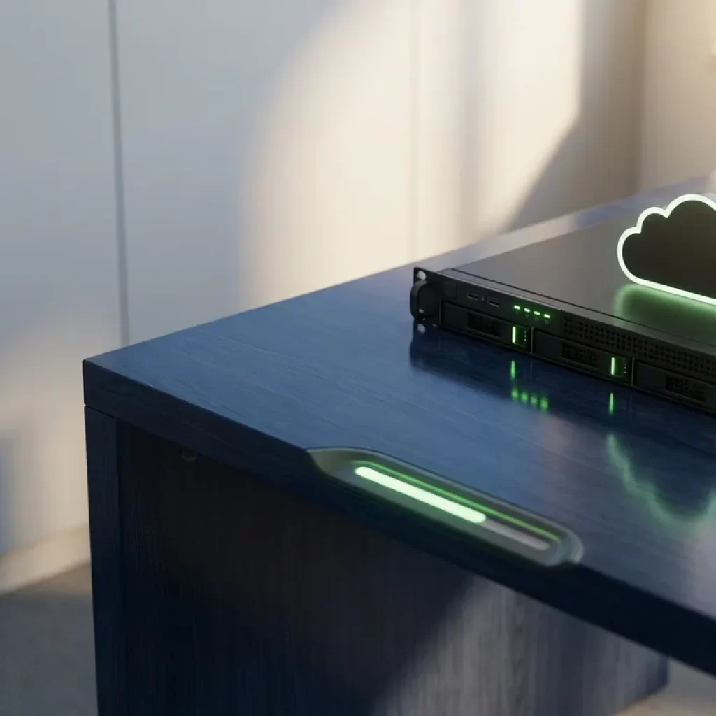 Ein Server-Rack neben einem Symbol für eine Cloud-Infrastruktur, das sich auf einem dunkelblauen Schreibtisch spiegelt, mit einer grünen Effizienzanzeige, die eine optimierte Leistung anzeigt.