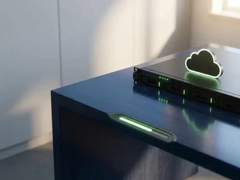 Ein Server-Rack neben einem Symbol für eine Cloud-Infrastruktur, das sich auf einem dunkelblauen Schreibtisch spiegelt, mit einer grünen Effizienzanzeige, die eine optimierte Leistung anzeigt.
