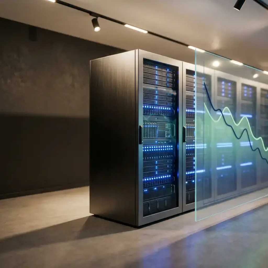 Serverrek met blauwe indicatielampjes in een modern datacentrum, met daaroverheen aflopende kostencurves in blauwe en groene tinten.