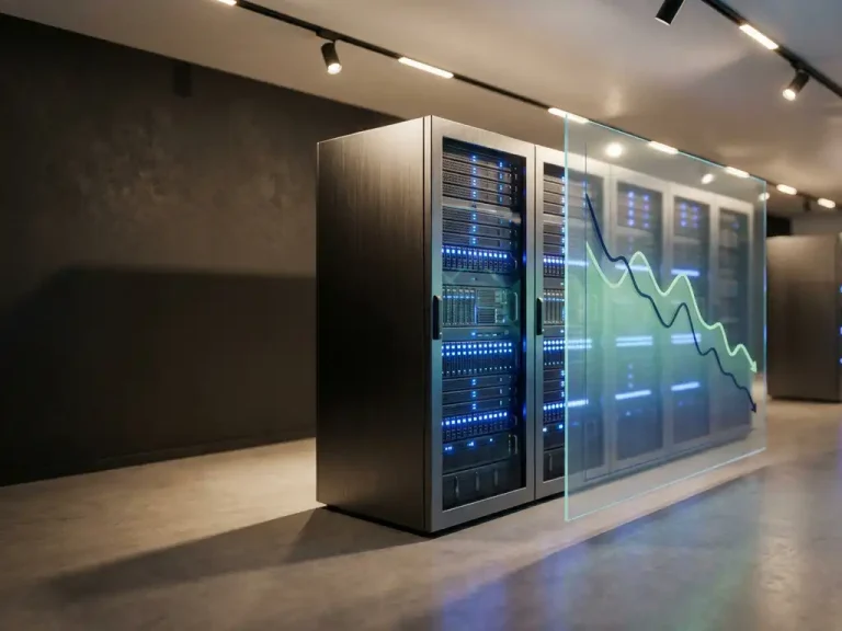 Server-Rack mit blauen Kontrollleuchten in einem modernen Rechenzentrum, überlagert von Grafiken mit abfallenden Kostenkurven in Blau- und Grüntönen.