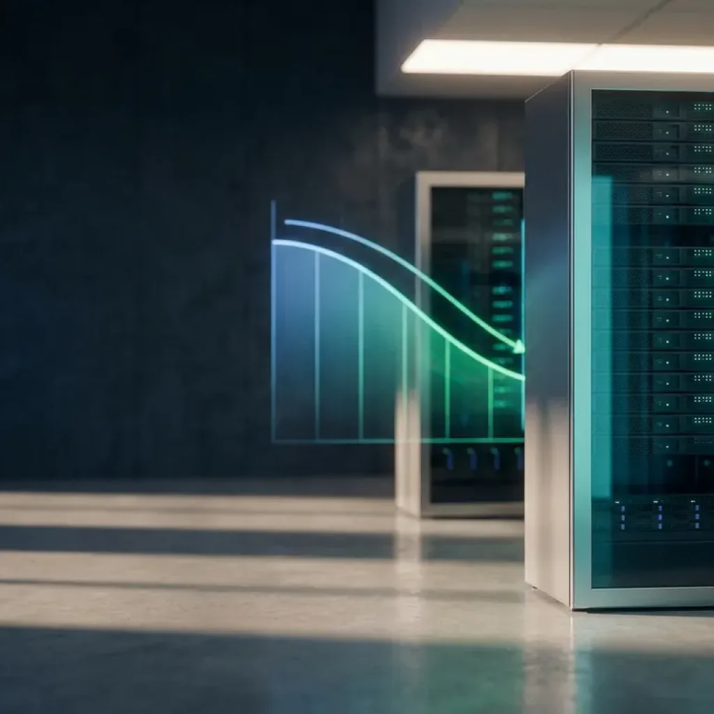 Een serverrek dat blauwgroen oplicht in een modern datacenter, met daaroverheen een kostencurve die een dalende lijn vertoont.