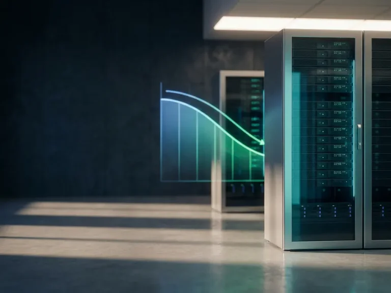 Ein Serverrack, das in einem modernen Rechenzentrum in blaugrünem Licht leuchtet, überlagert von einem nach unten verlaufenden Kostenverlauf.