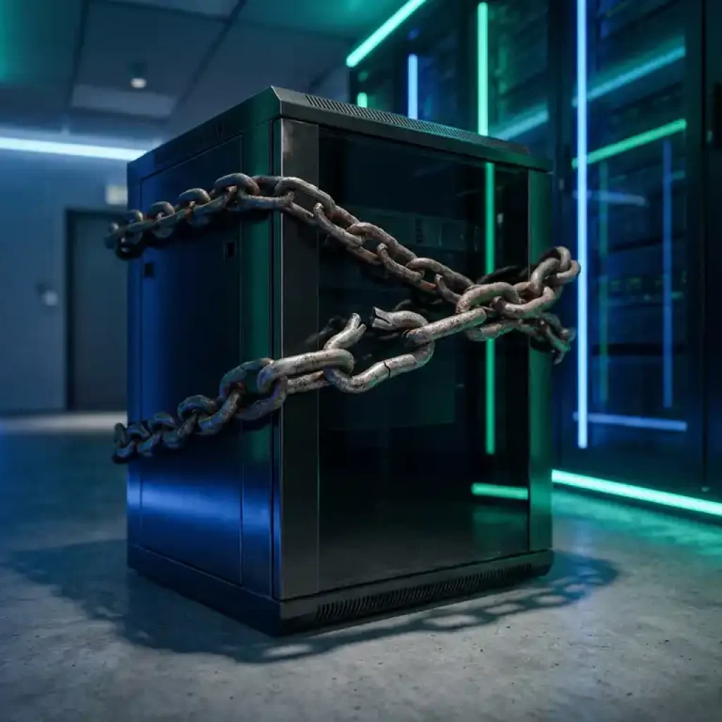 Een zware ijzeren ketting die strak om een serverrek is gewikkeld in een gang van een modern datacentrum met koele, blauwe sfeerverlichting.