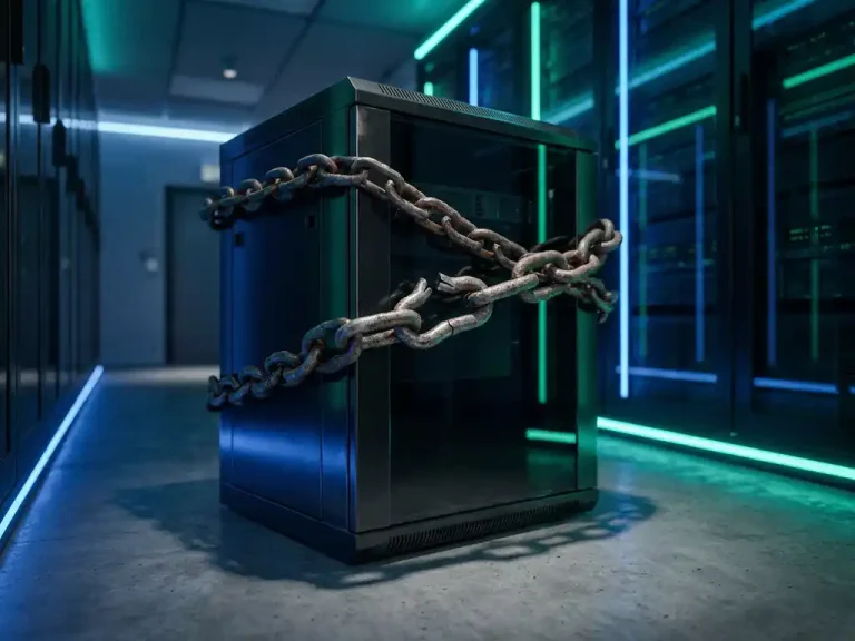 Heavy iron chain wrapped tightly around a server rack in a modern data centre corridor with cool blue ambient lighting.