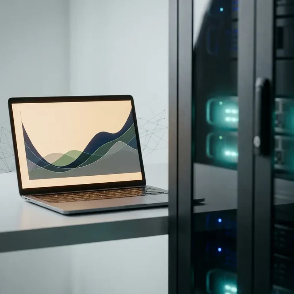 Een laptop waarop grafieken van kostencurves worden weergegeven, staat op een bureau naast een serverrackkast met blauwgroene verlichting in een slecht verlichte datacenteromgeving.