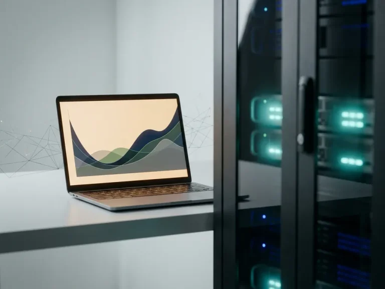 Laptop displaying cost-curve graphs on a desk beside a teal-lit server rack cabinet in a dimly lit data center environment.