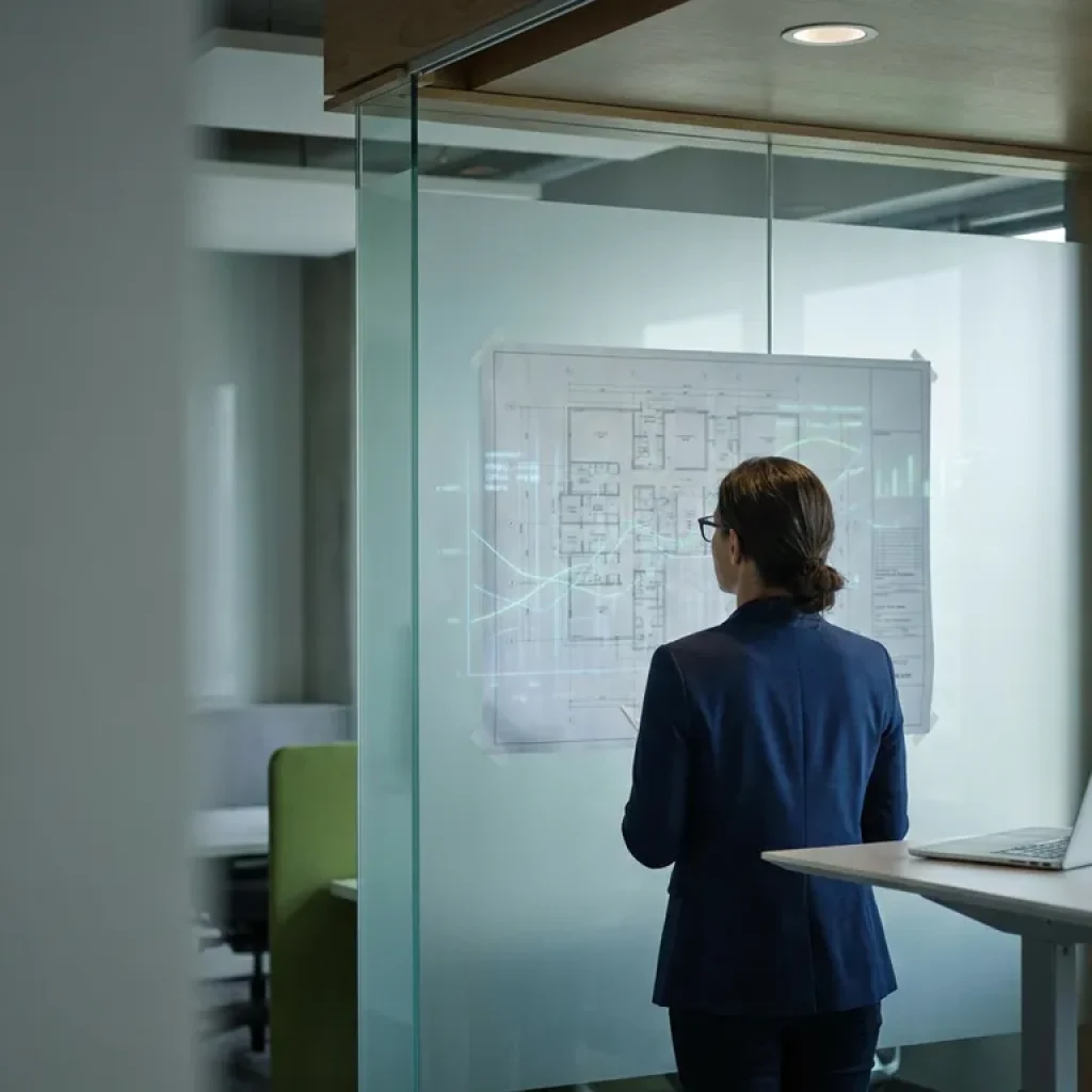 Software architect reviewing a large architectural diagram on a frosted glass wall with cost data overlays, laptop open on a standing desk nearby.