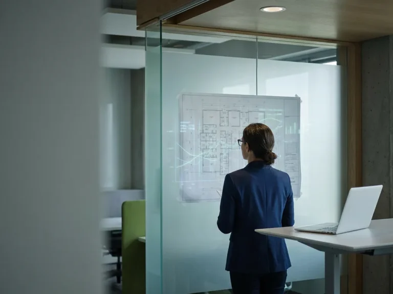 Software architect reviewing a large architectural diagram on a frosted glass wall with cost data overlays, laptop open on a standing desk nearby.