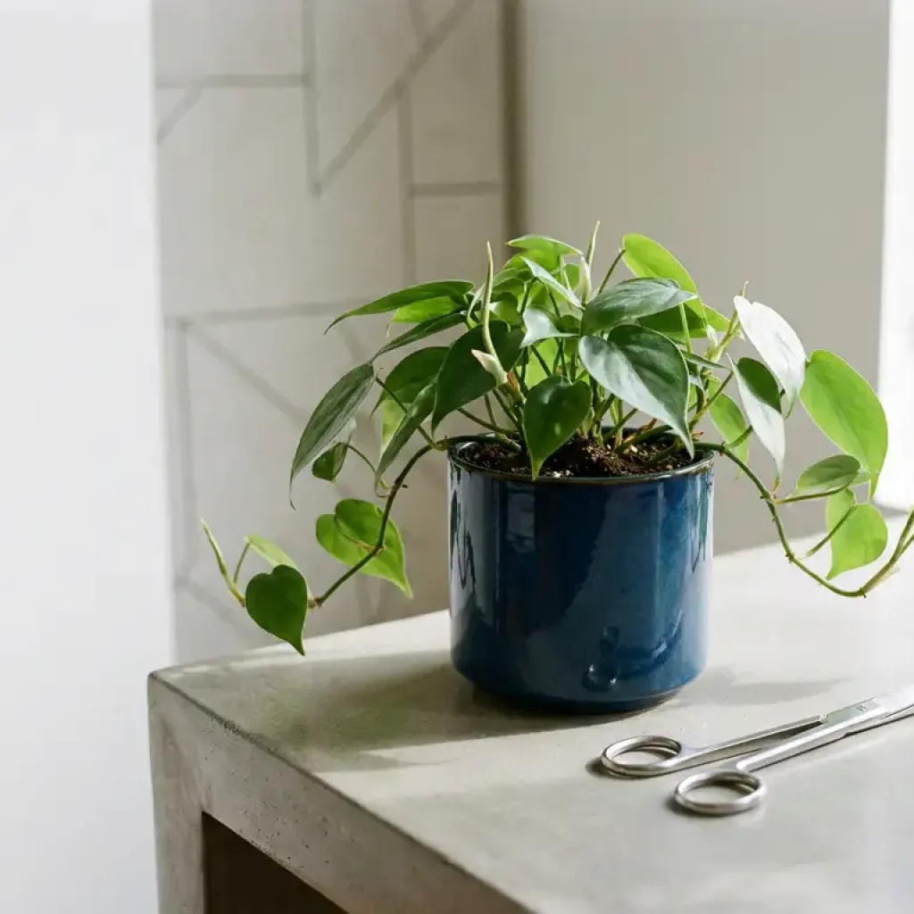 Thriving green plant in a dark-blue ceramic pot beside unused surgical scissors on a grey desk, symbolizing strategic growth over cutting.