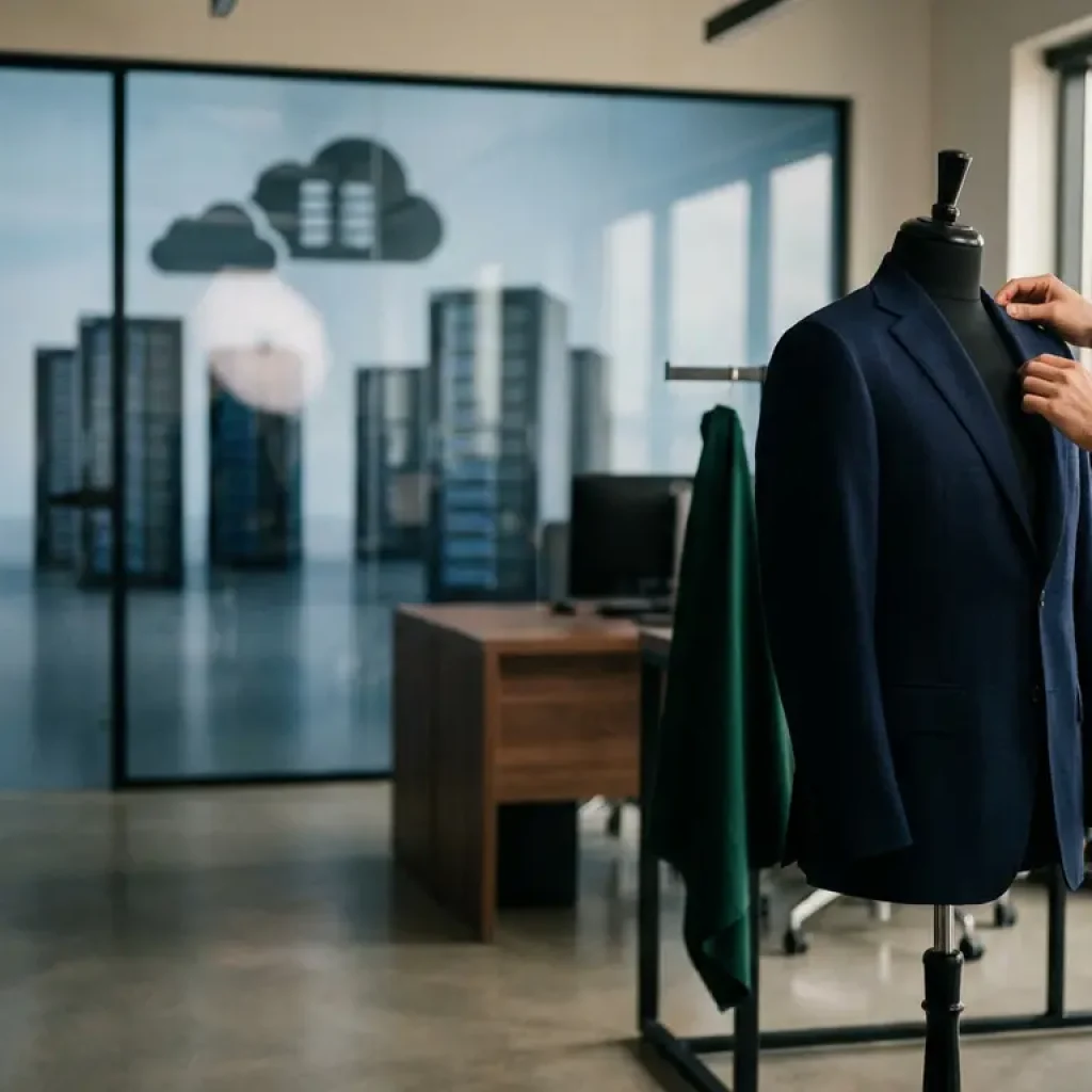Navy suit jacket adjusted on tailor's mannequin, with soft-focus cloud infrastructure silhouettes in the background.