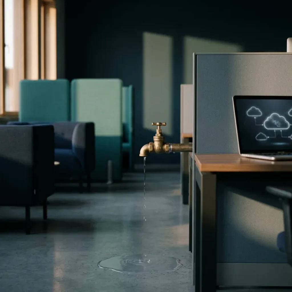 Water meter valve dripping onto a corporate desk beside a laptop showing cloud infrastructure diagrams, navy and teal tones.