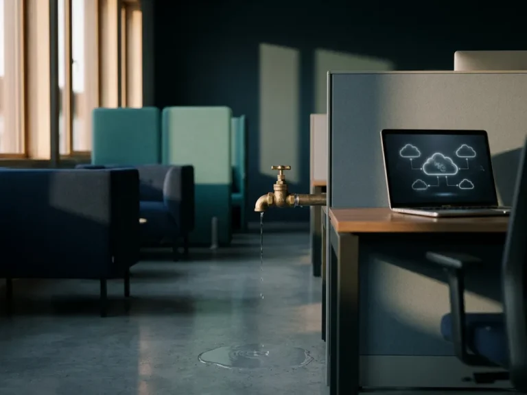 Water meter valve dripping onto a corporate desk beside a laptop showing cloud infrastructure diagrams, navy and teal tones.