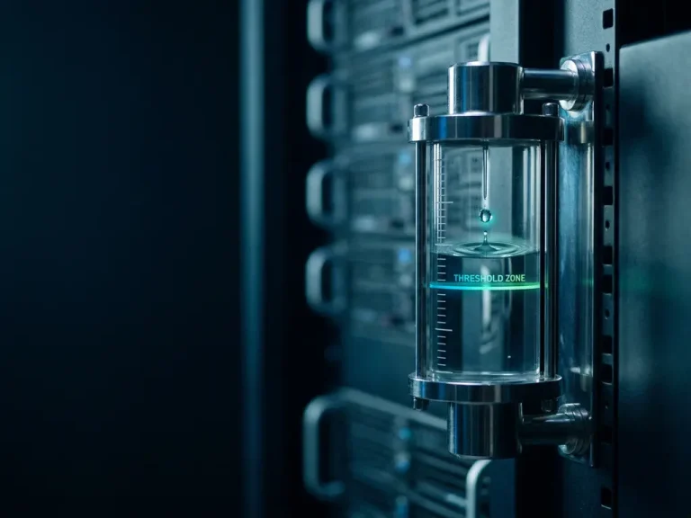 Water level gauge in a dark server room with a droplet mid-fall creating a ripple at a teal-green threshold line, cool blue light on polished metal.