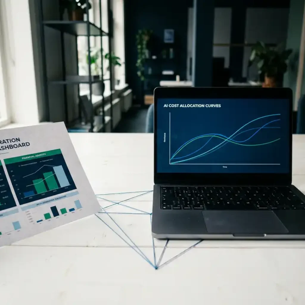 Ein Ausdruck des Finanz-Dashboards und ein Laptop, auf dem KI-Kostenverteilungskurven zu sehen sind, auf einem weißen Schreibtisch in einem Beratungsbüro in Utrecht.