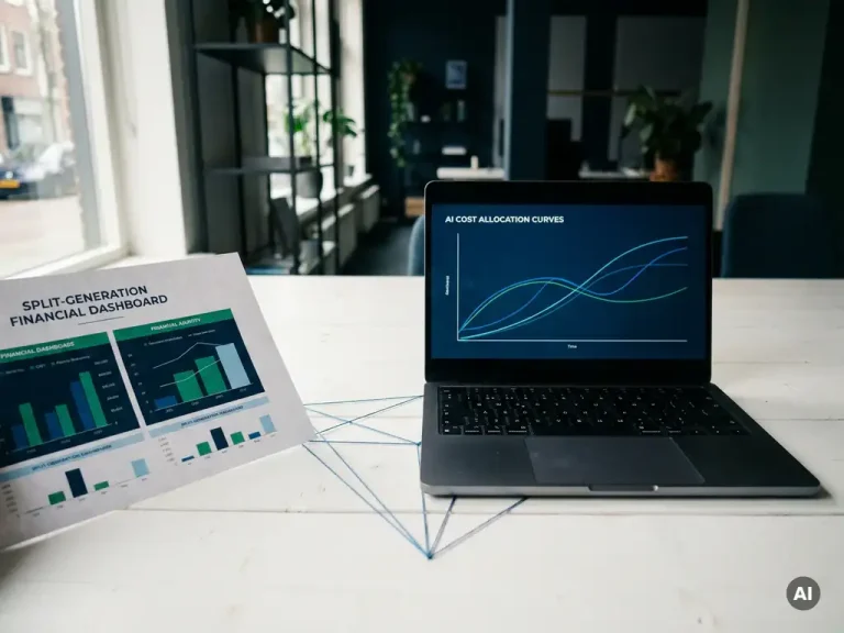 Ein Ausdruck des Finanz-Dashboards und ein Laptop, auf dem KI-Kostenverteilungskurven zu sehen sind, auf einem weißen Schreibtisch in einem Beratungsbüro in Utrecht.