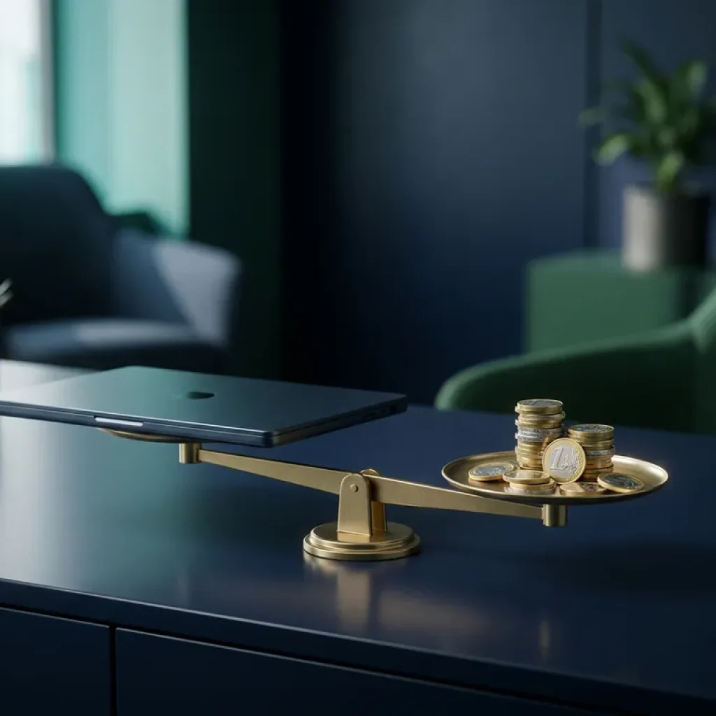 Een weegschaal met een laptop en euromunten die op een donkerblauw bureau in evenwicht komen, ter illustratie van het rendement op investeringen in AI in een moderne kantooromgeving.