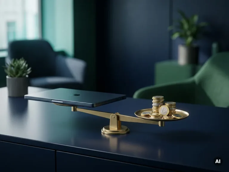 Balance scale with laptop and euro coins reaching equilibrium on a navy desk, illustrating AI investment ROI in a modern office setting.