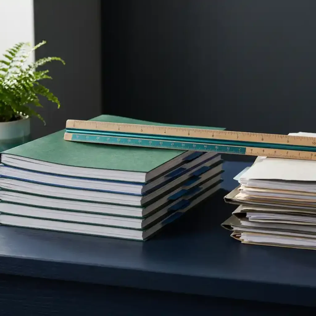 Ein Architektenmaßstab liegt quer über zwei Stapeln von Finanzunterlagen auf einem dunkelblauen Schreibtisch, wobei eine üppig wachsende Pflanze neben dem höheren Stapel für nachhaltiges Wachstum steht.