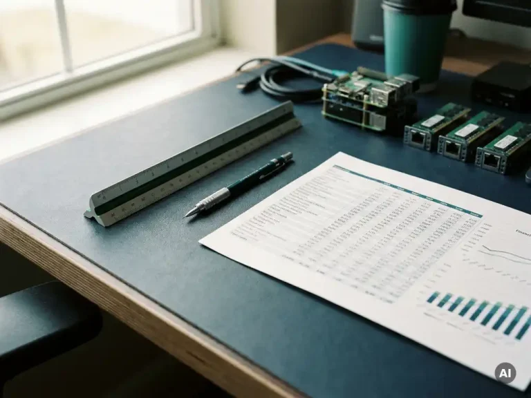 Architect's ruler and mechanical pencil beside a spreadsheet printout on a slate-grey desk, with blurred server components in the background.