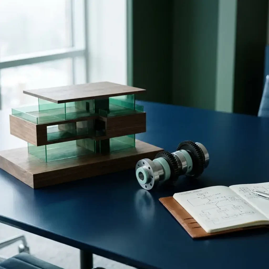 Ein Architekturmodell und ein mechanisches Bauteil auf einem marineblauen Konferenztisch neben einem aufgeschlagenen Notizbuch mit Zeichnungen, Morgenlicht fällt durch das Bürofenster.
