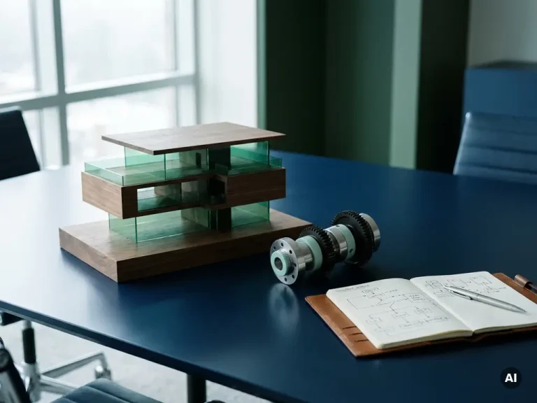 Architect's scale model and mechanical component on a navy conference table beside an open notebook with diagrams, morning light from office window.
