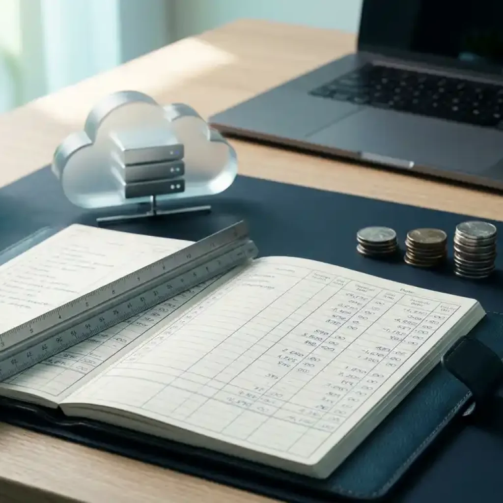 Ein Architektenlineal liegt quer über einem offenen Finanzbuch mit gestapelten Münzen, einem Cloud-Server-Modell und einem Laptop auf einem marineblauen Schreibtisch.