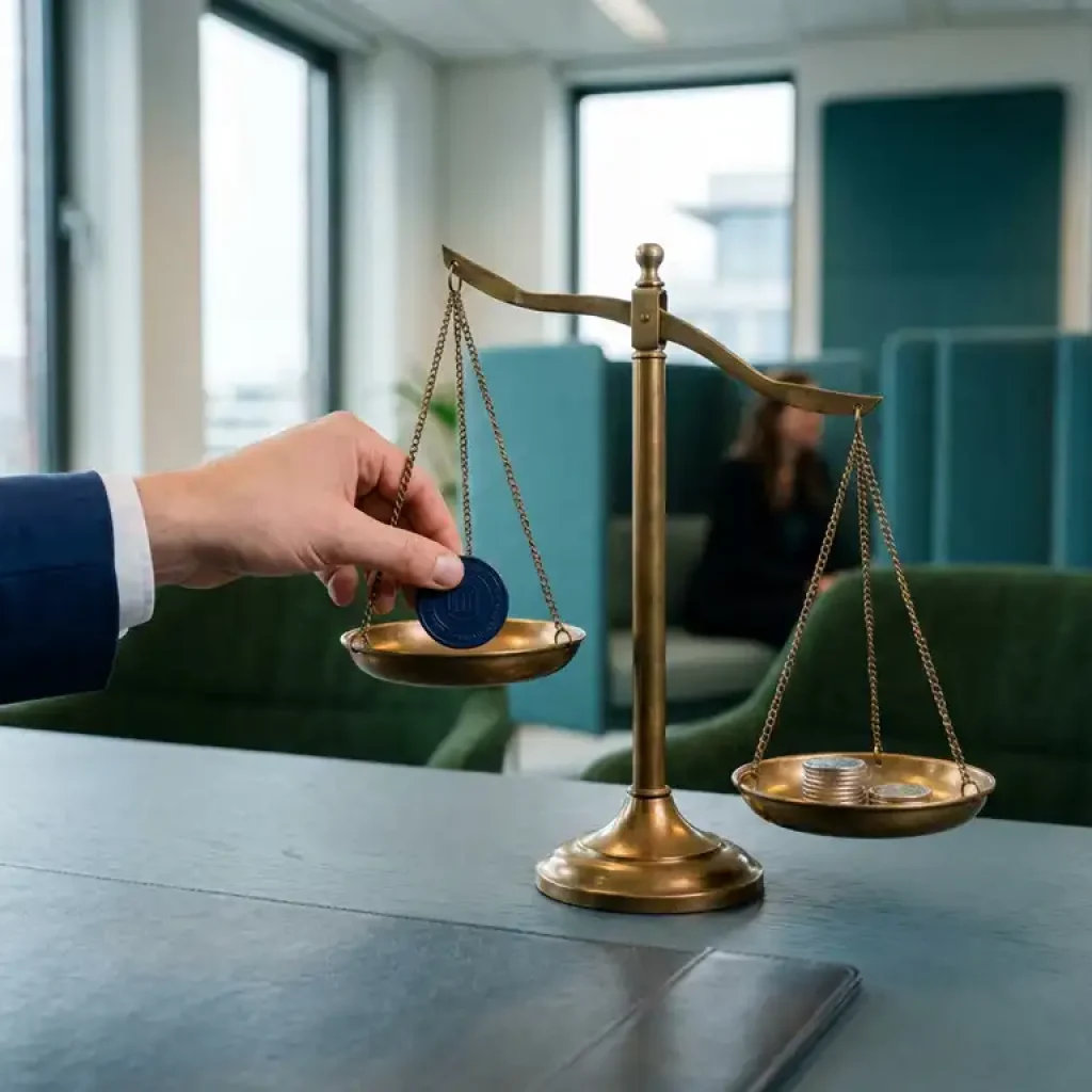 Een leidinggevende legt een marineblauw muntje op een koperen weegschaal naast zilveren munten op een leigrijs bureau in een kantoor in Utrecht.