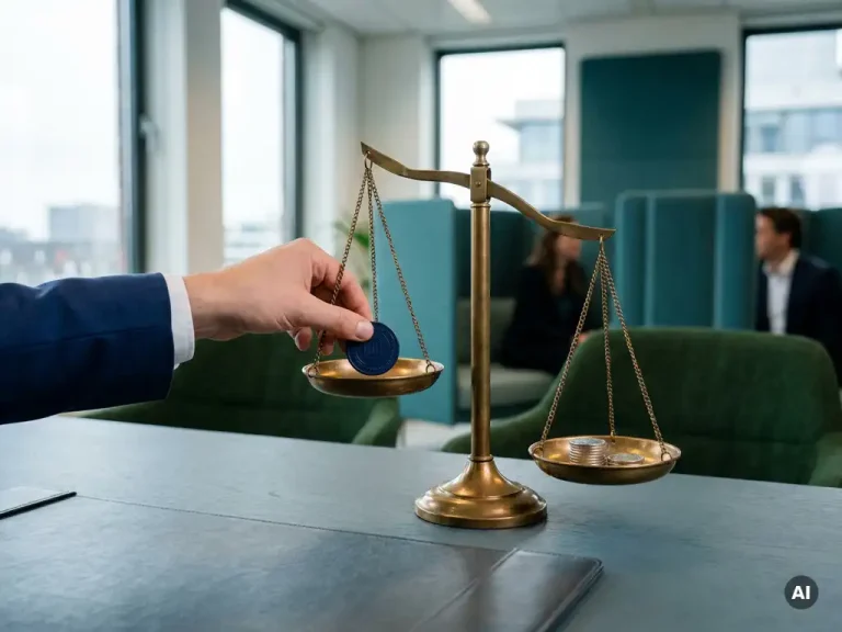 Die Hand eines Führungskräften legt einen marineblauen Spielstein auf eine Messingwaage neben Silbermünzen auf einem schiefergrauen Schreibtisch in einem Büro in Utrecht.